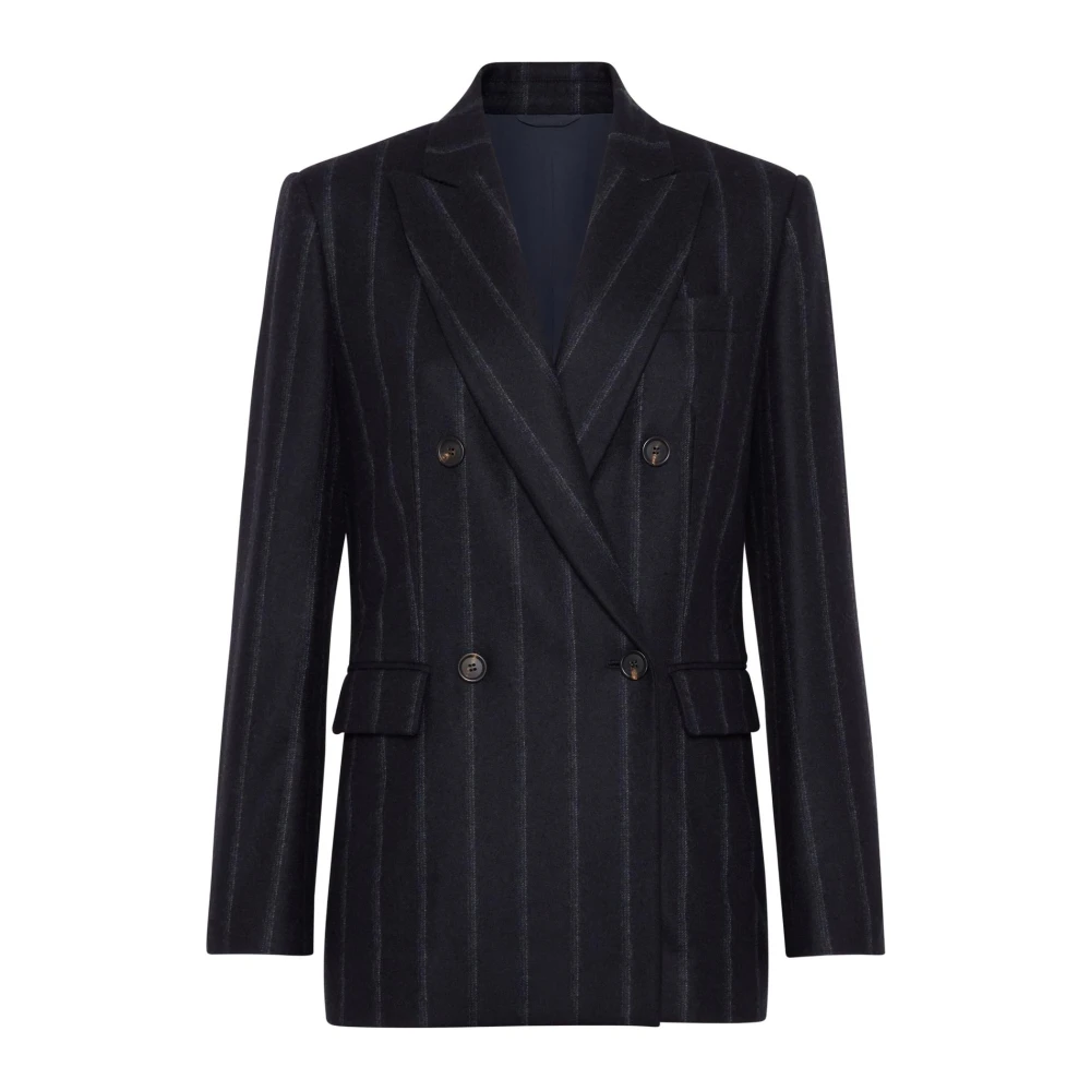 BRUNELLO CUCINELLI Blauw Gestreept Dubbel-Breasted Blazer Jas Blue Dames