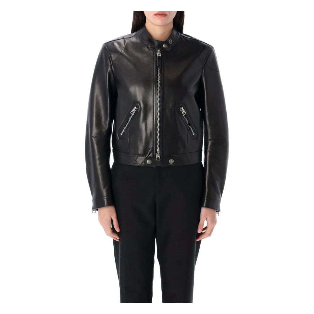 Tom Ford Zwarte leren racerjack bovenkleding Black Dames