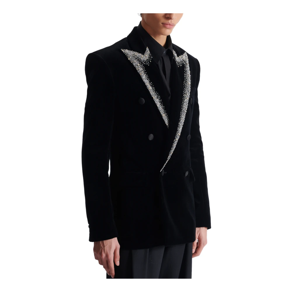 Balmain Fluwelen jas met geborduurde kraag Black Heren