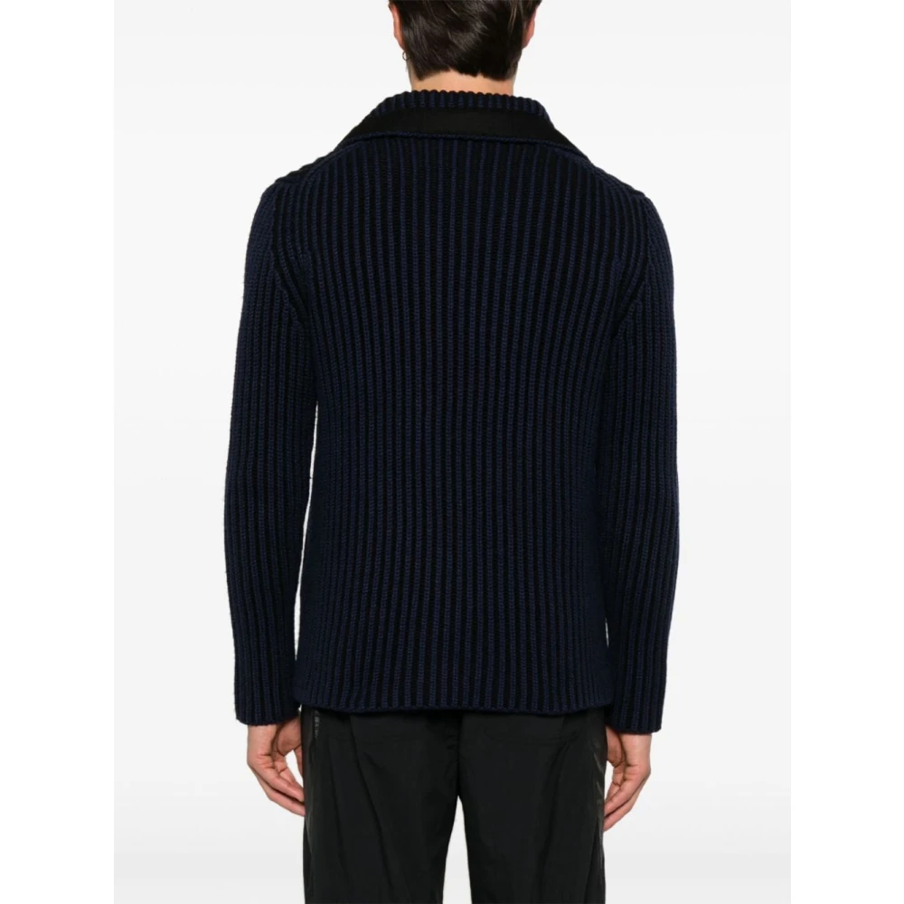 add Blauwe Geribbelde Gebreide Double-Breasted Jas Blue Heren