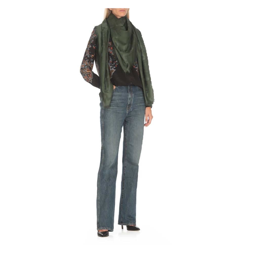 ETRO Groene Wol Zijden Sjaal Micro Franjes Green Dames