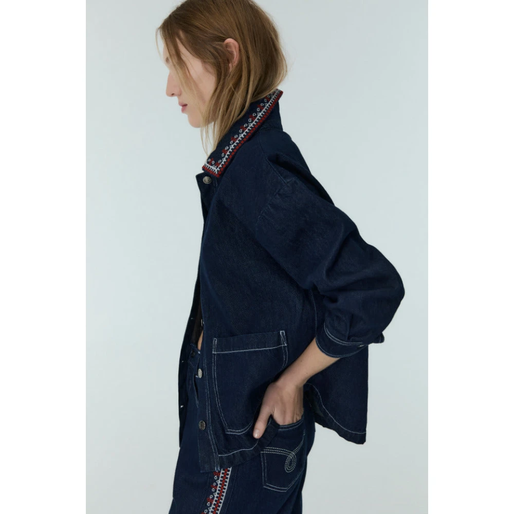 The New Society Denim Overshirt met Borduursel Blue Dames