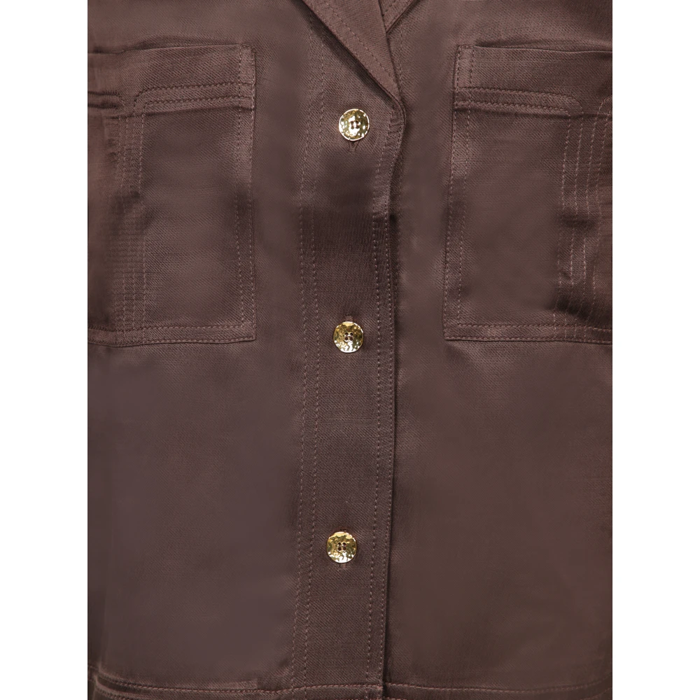 Ganni Bruine Satijnen Shirt met Gouden Knopen Brown Dames
