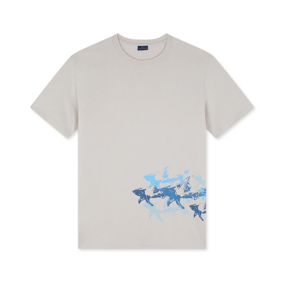 Paul & Shark Men's Beige T-Shirts, M, Cotton Jersey T-Shirt With Distressed Sharks Print