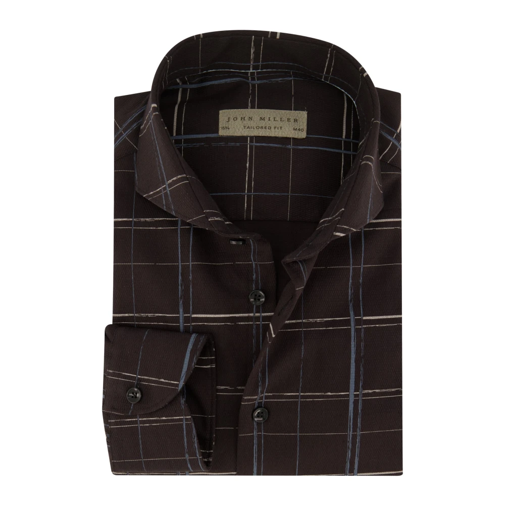 John Miller overhemd mouwlengte 7 Tailored Fit slim fit bruin geruit katoen