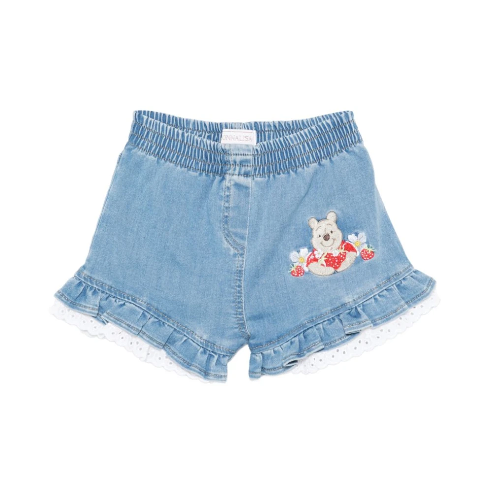 Monnalisa Unisex Kids Blue Shorts, 2 Y, Embroidered Ruffle-Hem Shorts