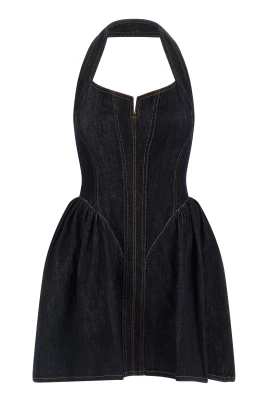 Denim Halterneck Flared Mini Klänning