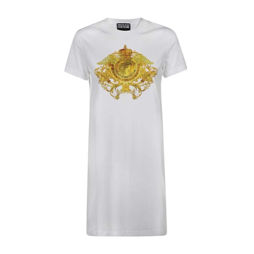 Versace Jeans Couture Korte mouw katoenen jersey jurk met gele print en strass White Dames