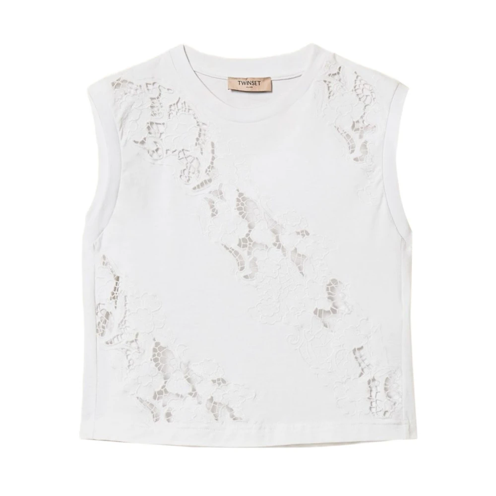Twinset Women's White Lace-Panelled Top - Sleeveless Tops - Xl - Tops