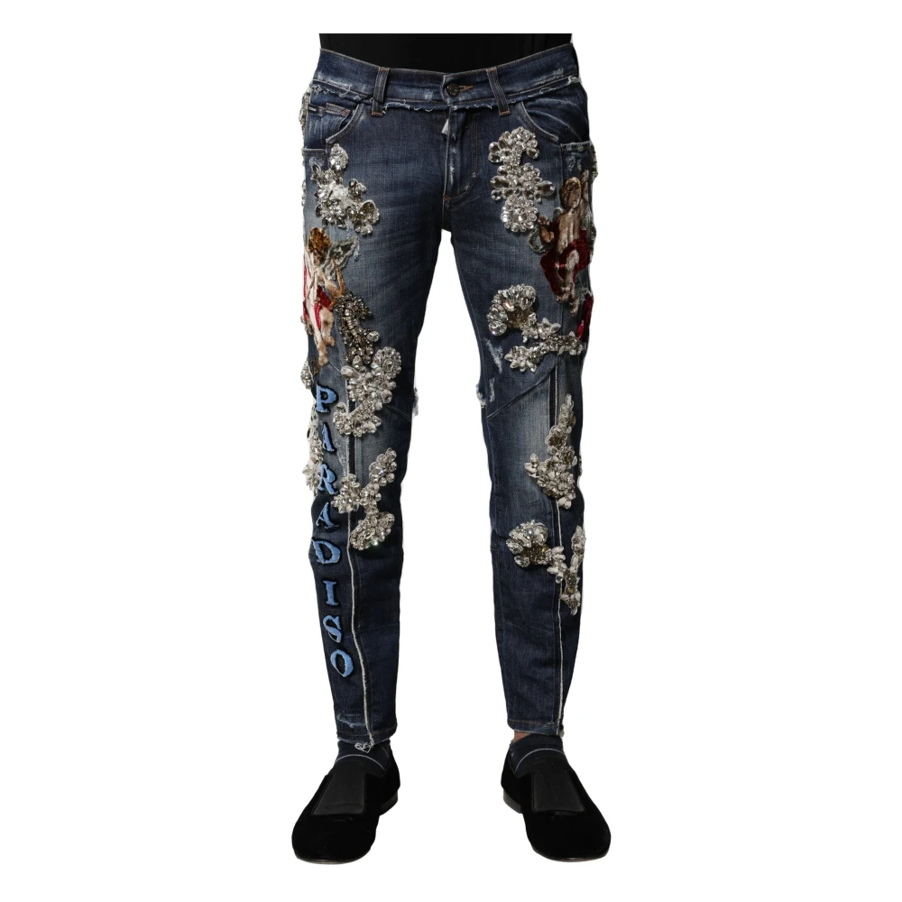 Dolce & Gabbana Men's Blue Rhinestone Embellish Skinny Denim Jeans