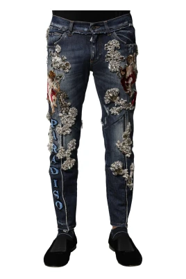 Blå Rhinestone Embellish Skinny Denim Jeans
