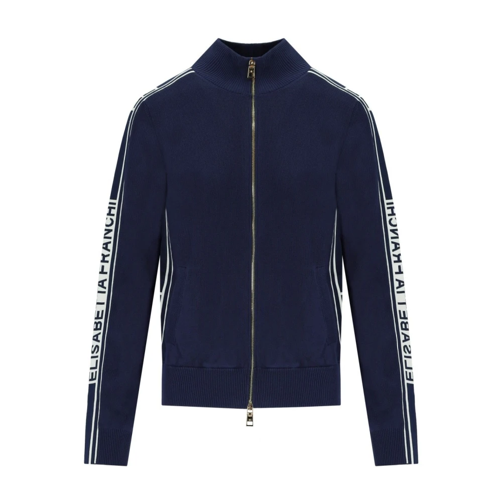 Elisabetta Franchi Blauw en Ivoor Cardigan met Logo Banden Blue Dames