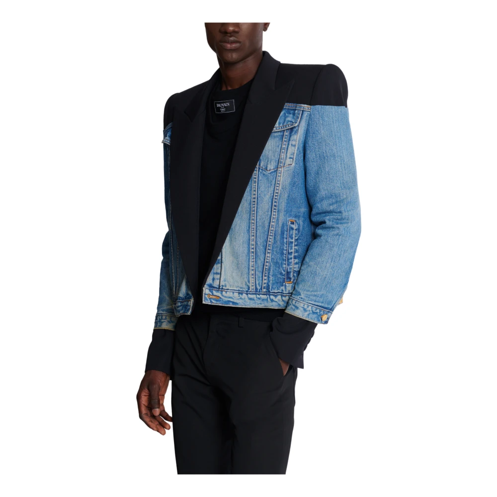 Balmain Geknipte denim- en graan de poudre-jas Black Heren