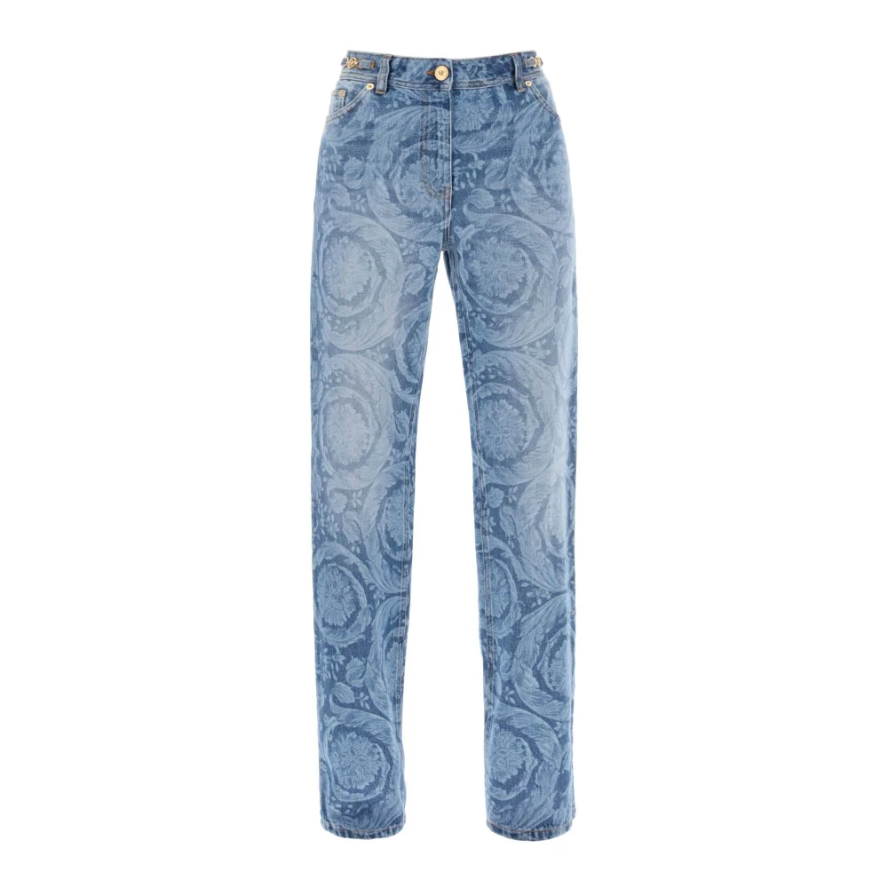 Versace Barok Laserprint Jeans met Medusa-details Blue Dames