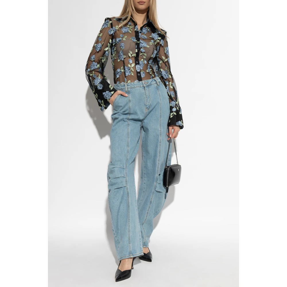 Rotate Birger Christensen Transparant Bloemenpatroon Shirt Black Dames