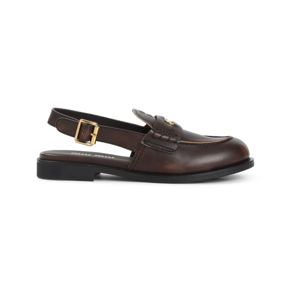 Miu Miu Brown Loafers, Female, 7 Uk, Brushed Leather Slingback Loafer