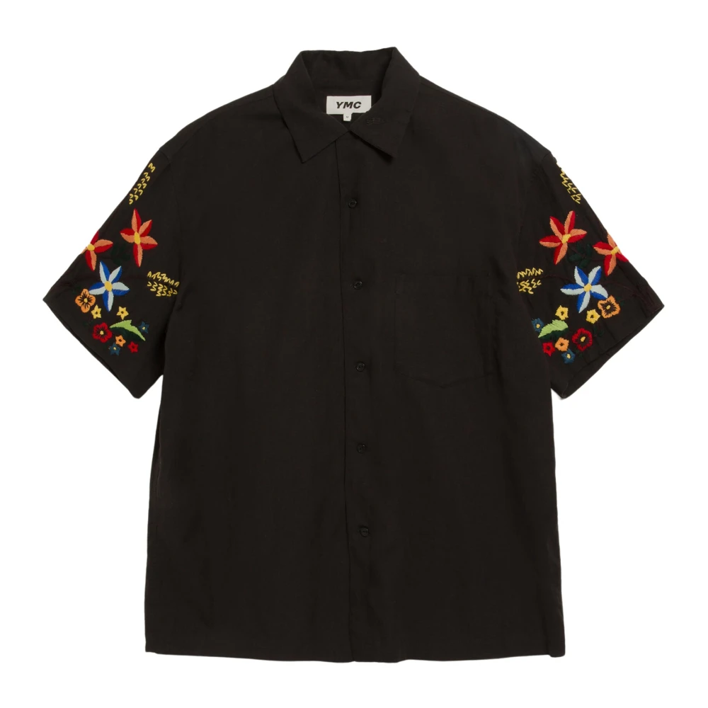YMC You Must Create Geborduurd overhemd met korte mouwen katoen linnen mix Black Heren