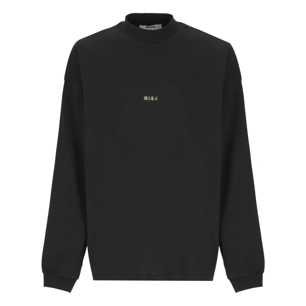 Msgm Zwart Katoenen T-shirt Hoge Hals Lange Mouwen Black Heren