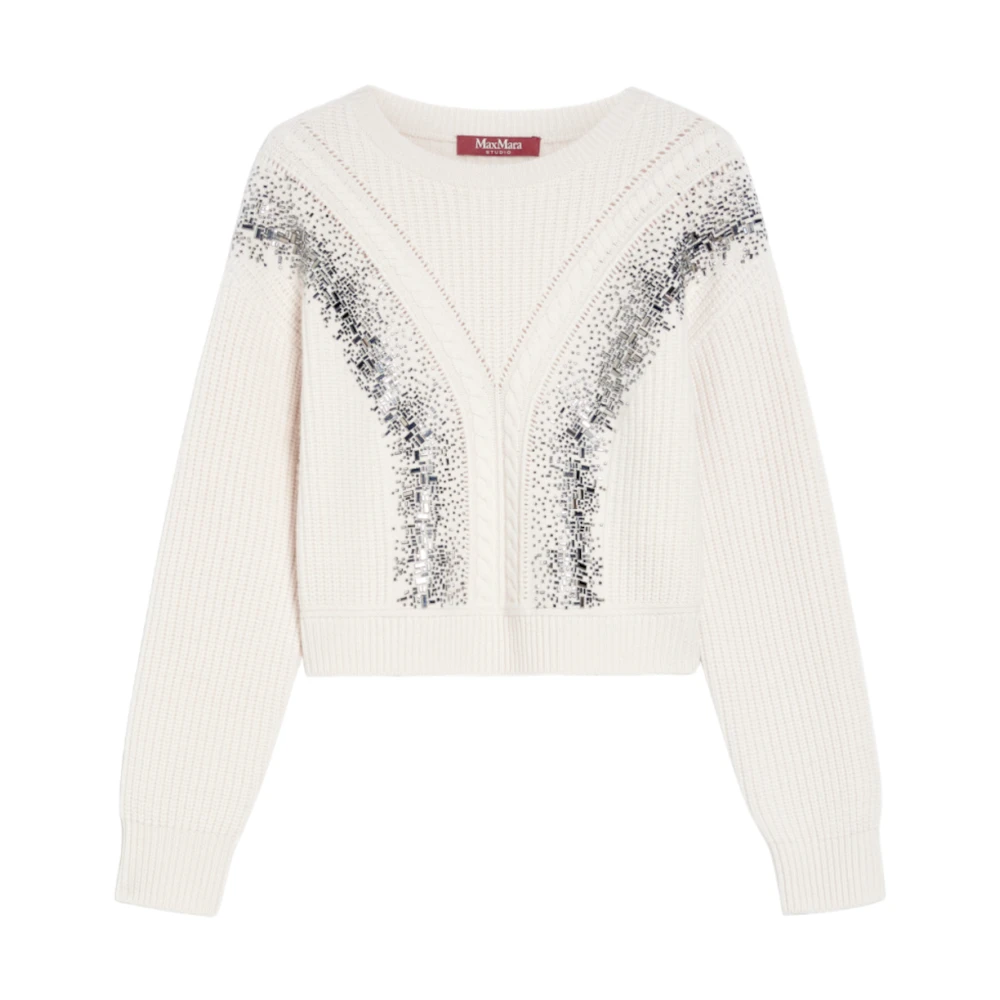 Max Mara Studio Wol Crop Sweater met Spiegelborduursel White Dames