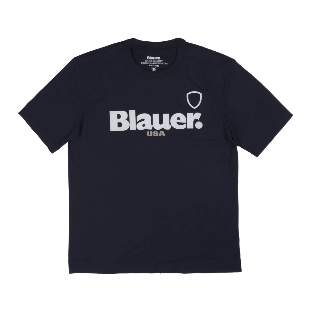 Blauer Blå Polyester T-Shirt Med Logotyptryck