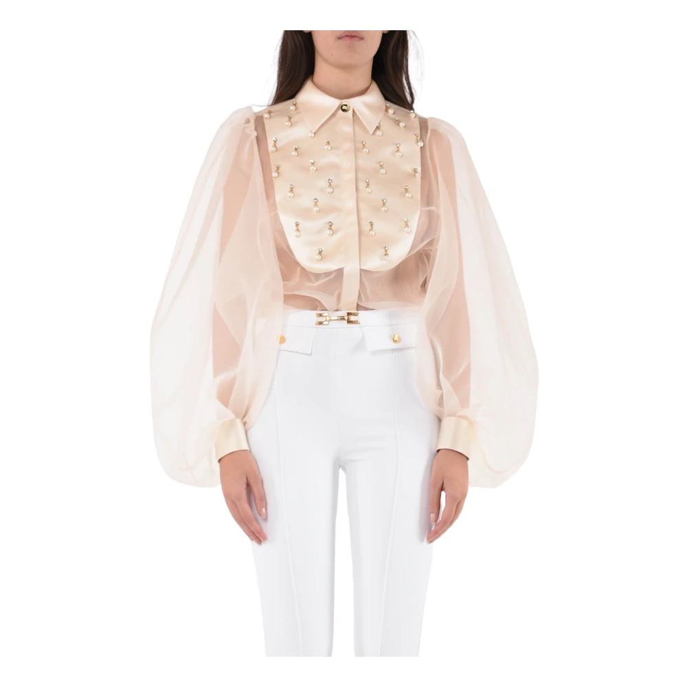 Elisabetta Franchi Organza blouse met volumineuze mouwen en geborduurde kraag Pink Unisex