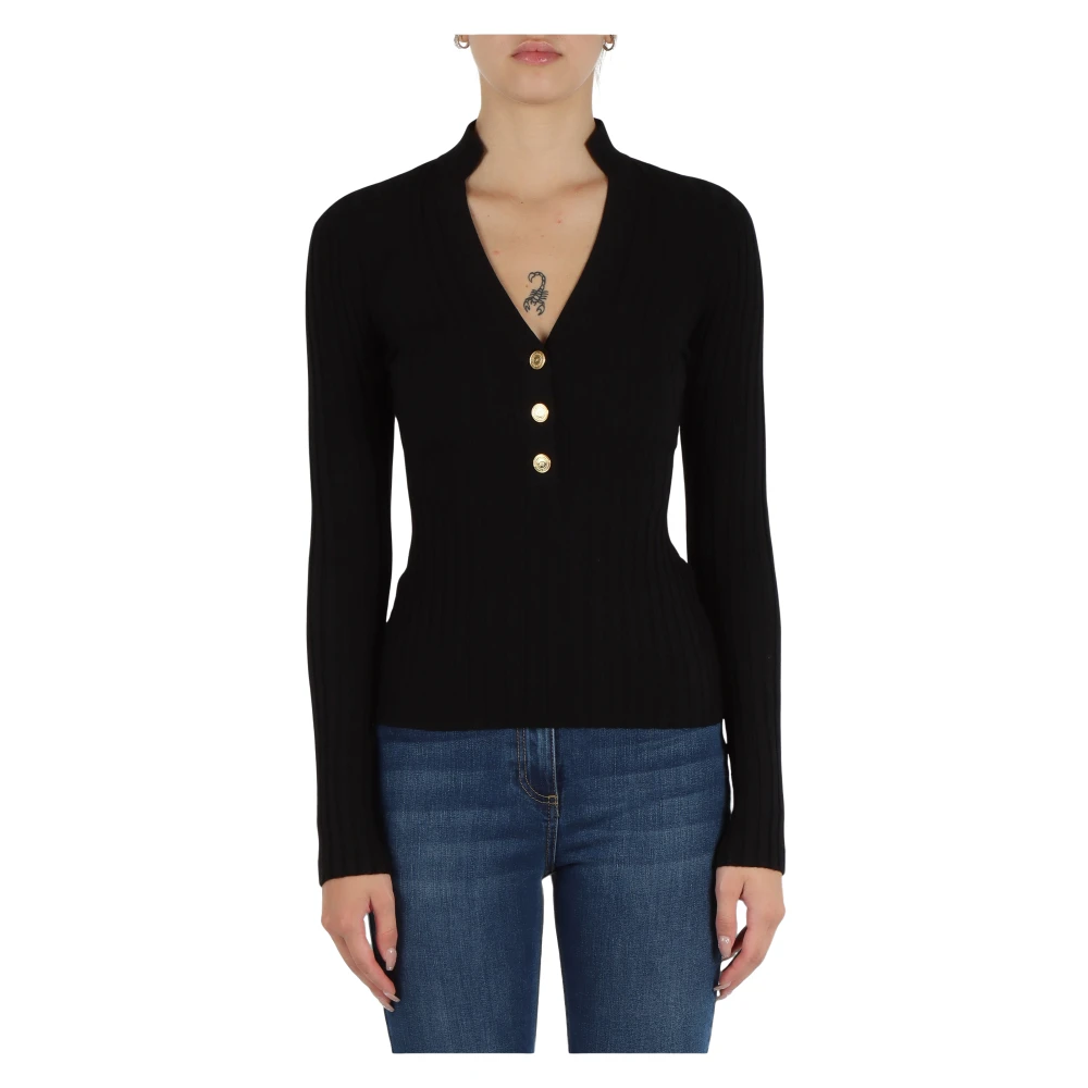Elisabetta Franchi Geribbelde V-hals trui in viscosemix Black Dames