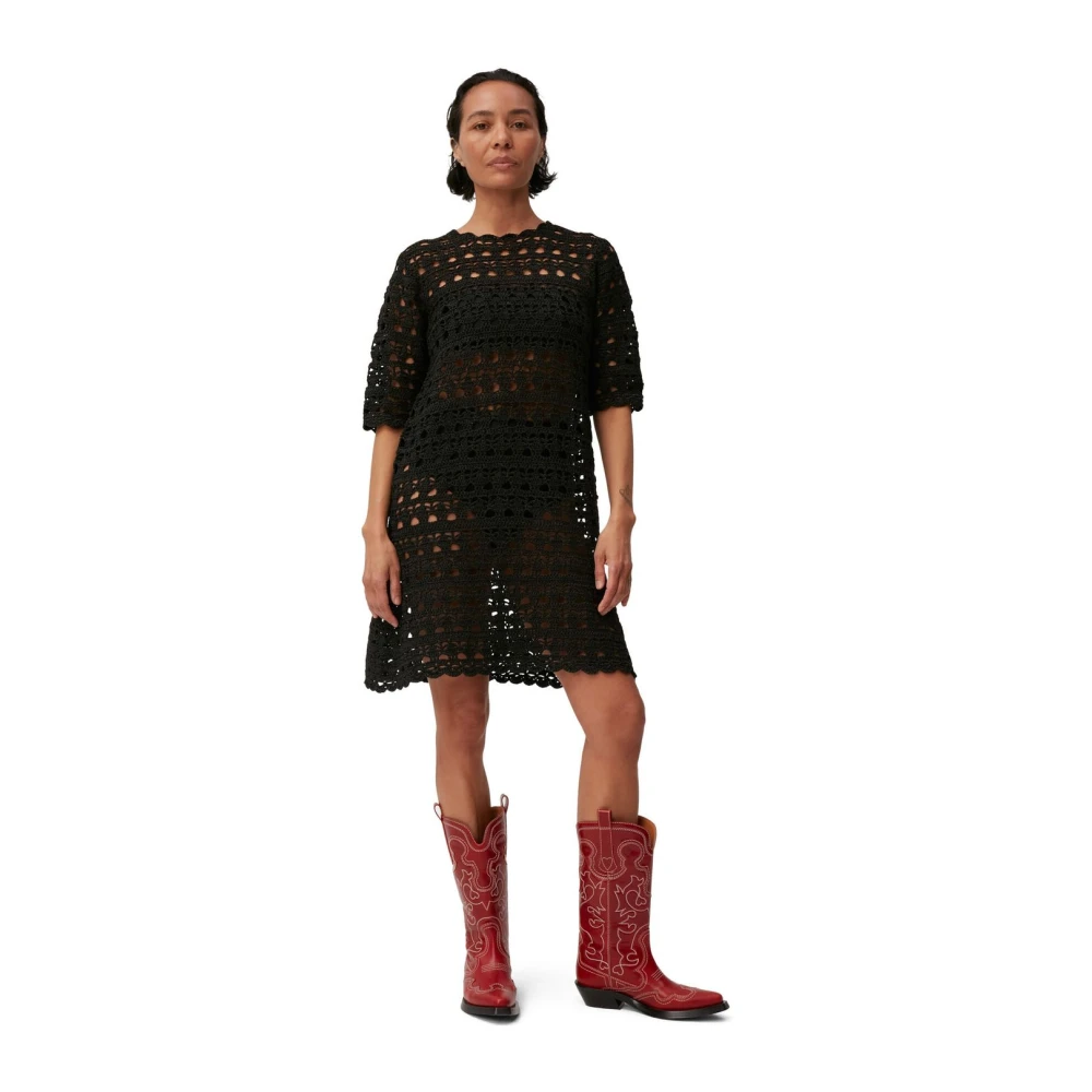 Ganni Gehaakte Mini Jurk met Open Rug Black Dames