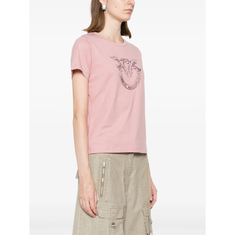 pinko Love Birds Geborduurd Jersey T-shirt Pink Dames