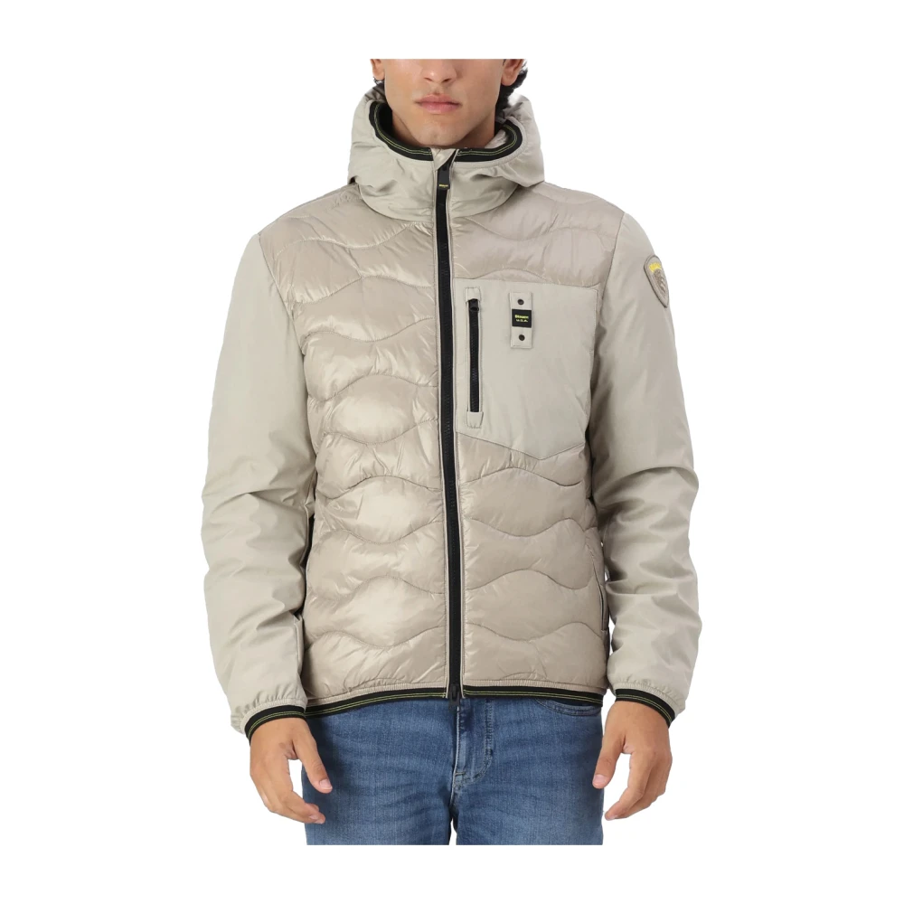 Blauer Nylon gewatteerde jas met capuchon Beige Heren