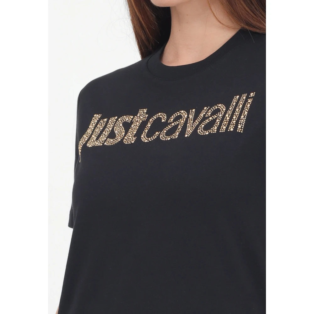 Just Cavalli Zwart Rhinestone Logo T-shirt Black Dames