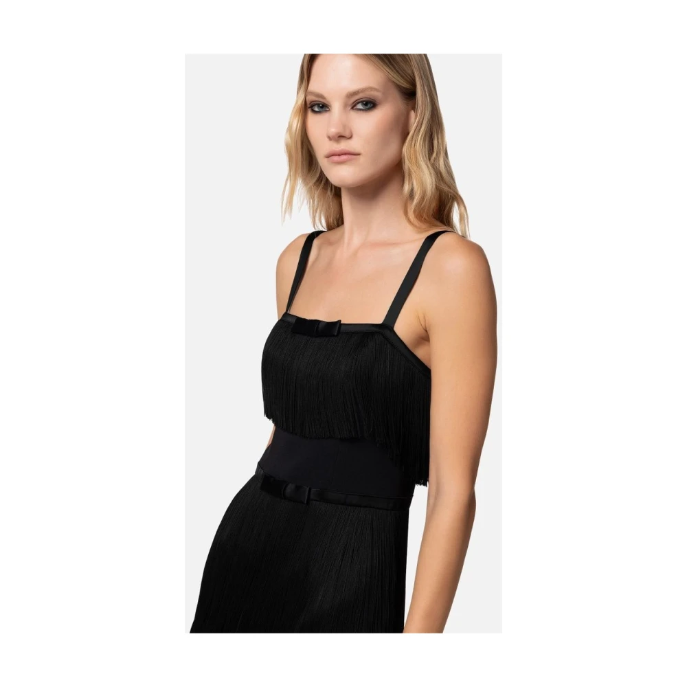 Elisabetta Franchi Zwarte franje ruche mini jurk Black Dames