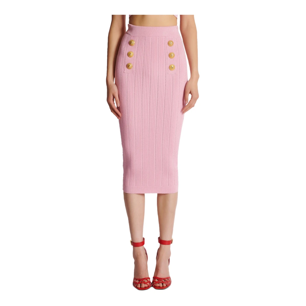 Balmain Midi Gebreide Rok met Knopen Pink Dames