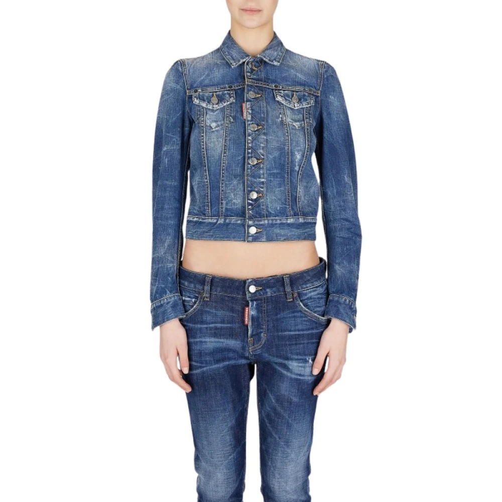 Dsquared2 Denim Stretch Jack met Italiaanse Kraag Blue Dames