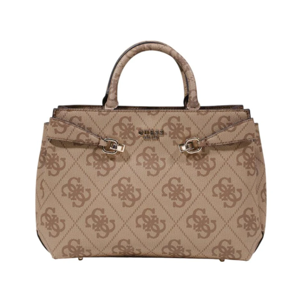 Guess Women's Beige Chic Printed Handbag With Zip Closure