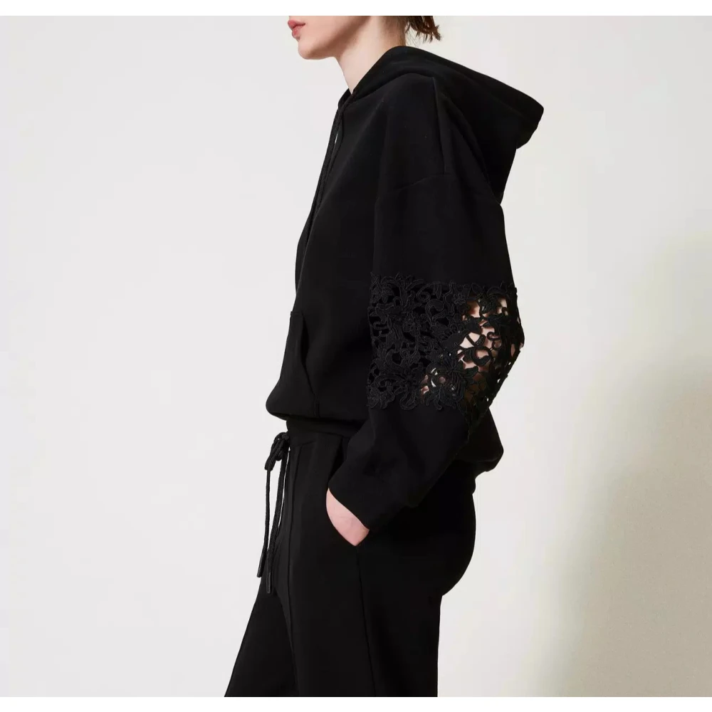 Twinset Hoodie met Macramé Detail Black Dames