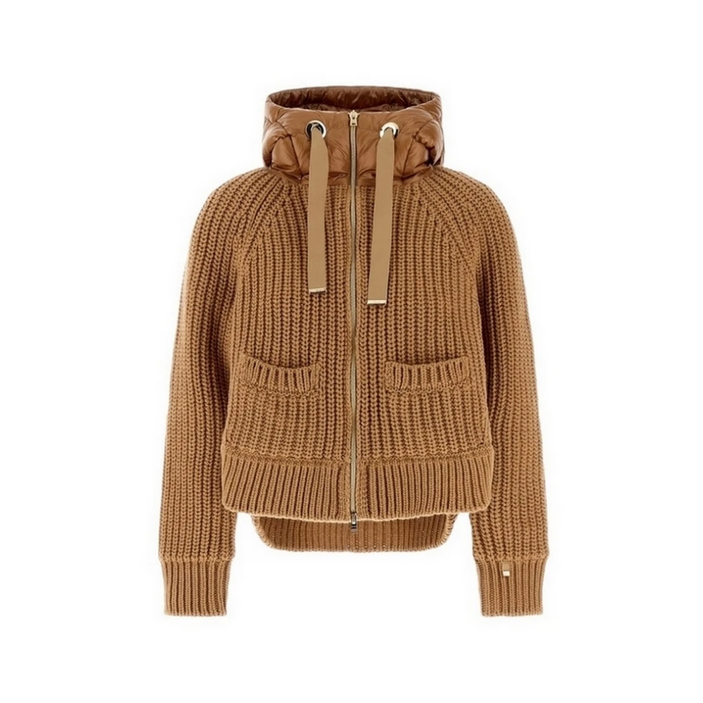 Herno Kameel Ribgebreide wollen jas met verendetails Brown Dames