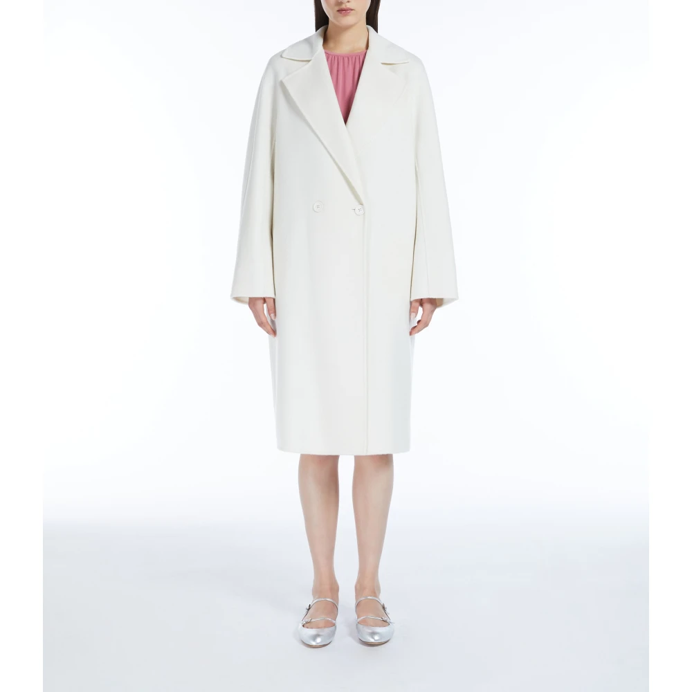 Max Mara Studio Witte Wol Kasjmier Midi Jas White Dames