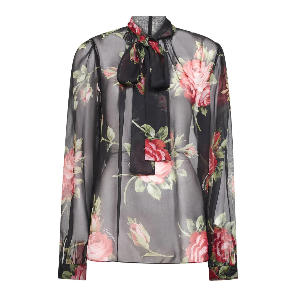 Dolce & Gabbana Women's Multicolor Blouses, Xs, Rose Bouquet-Print Chiffon Top
