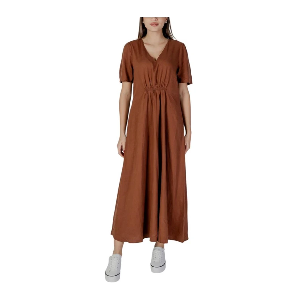 b.Young Bruine Linnen Jurk Dames Lente Zomer Collectie Brown Dames