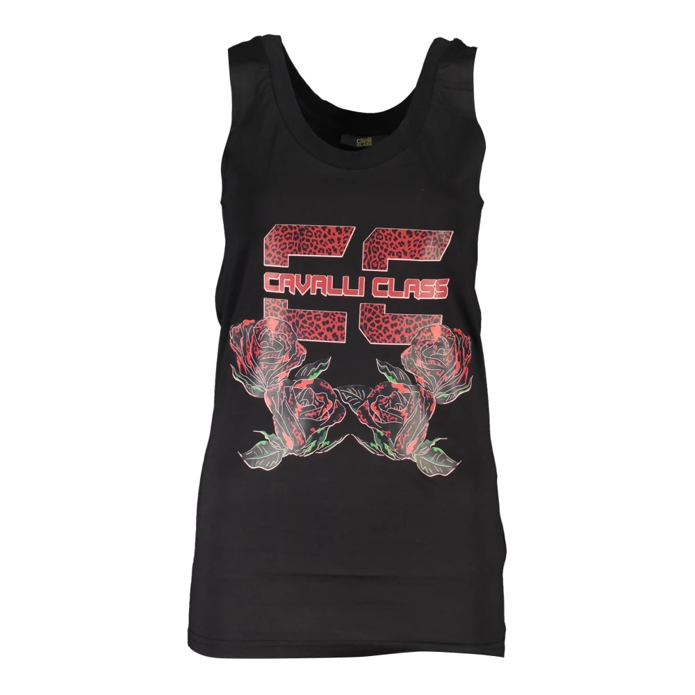Cavalli Class Black Sleeveless Tops, Female, S, Women's Tank Top Wide Shoulder Round Neck Print Logo