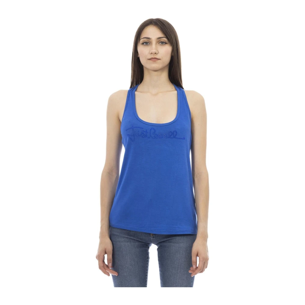 Just Cavalli Women's Blue Sleeveless Tops, M, Rhinestone Logo Long Tank Top