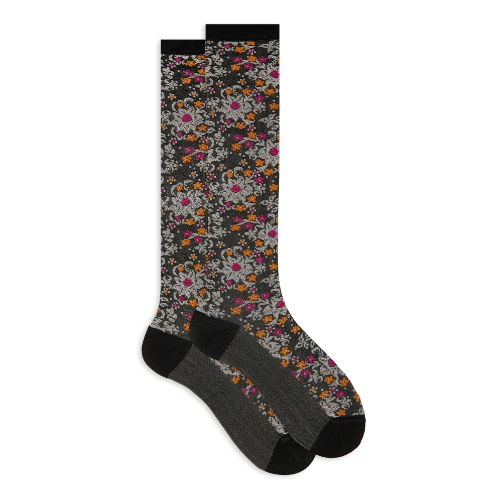 Gallo Lange zwarte sokken voor dames met bladachtig bloemmotief Multicolor Dames