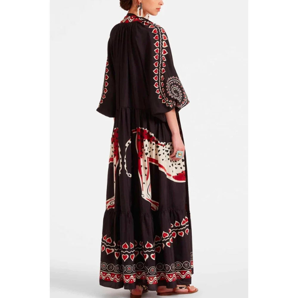La DoubleJ Zwarte Jurk met Handgemaakt Patroon Multicolor Dames