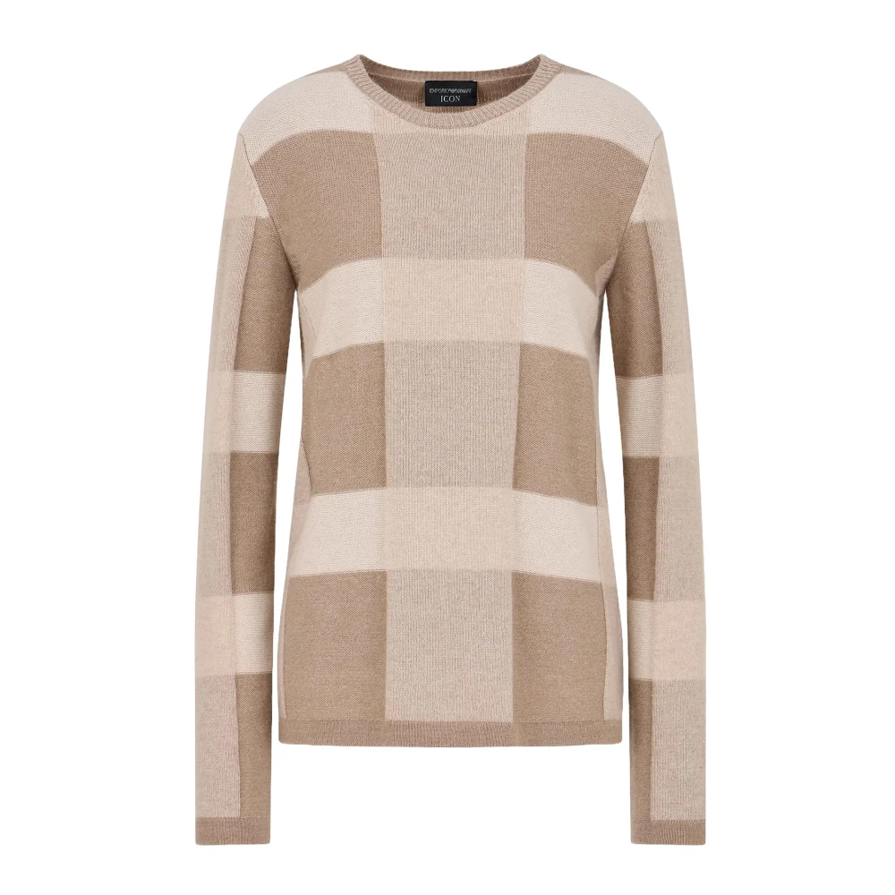 Emporio Armani Geruit Patroon Trui Lange Mouw Ribboorden Beige Dames