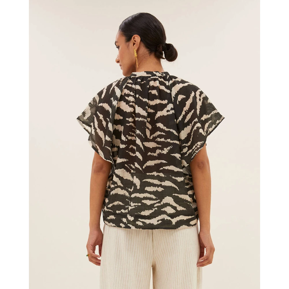 By-Bar Zebra Blouse Korte Mouw Vina Black Dames