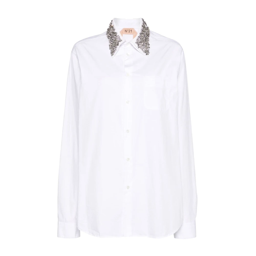 N21 Witte Katoenen Shirt met Kristalversiering White Dames
