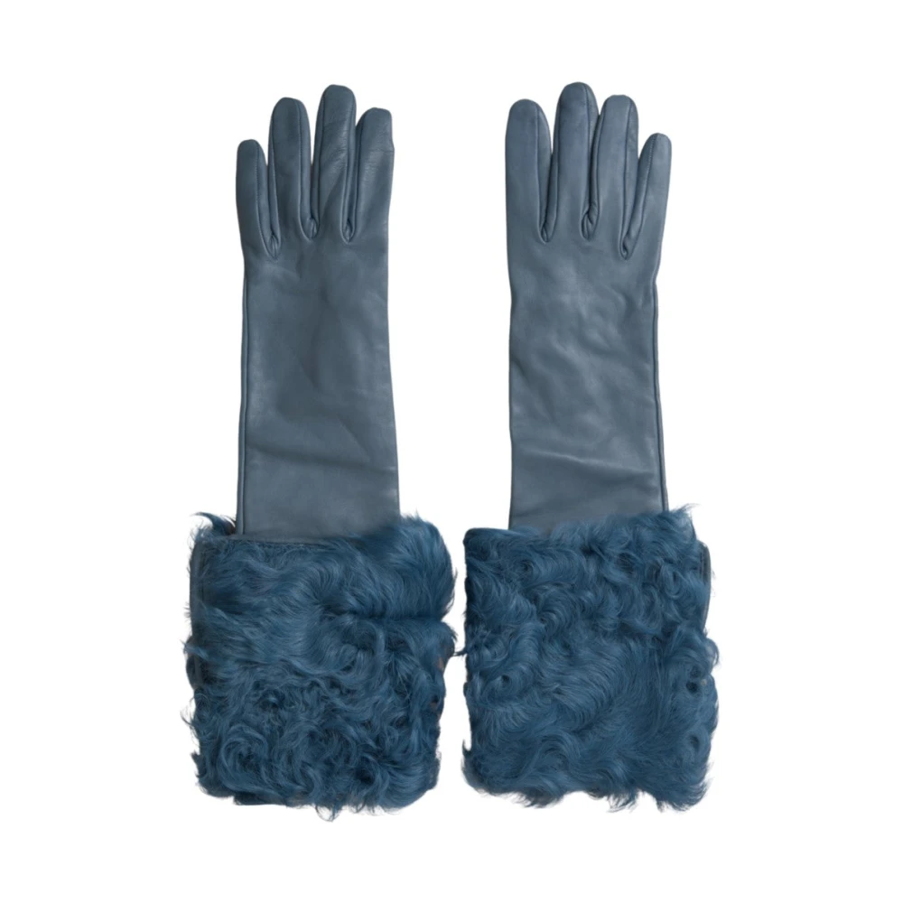 Dolce & Gabbana Women's Blue Luxury Leather Gloves With Fur Trim