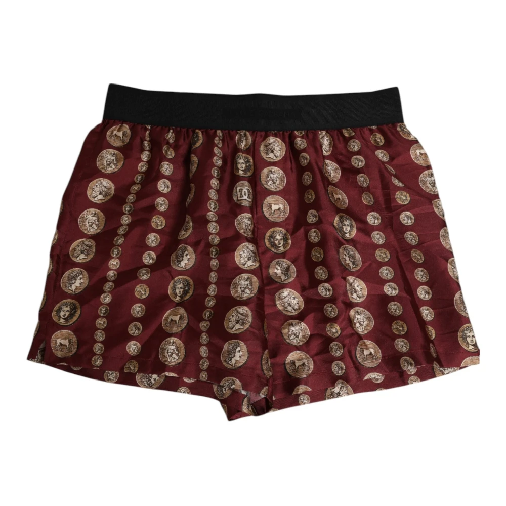 Dolce & Gabbana Men's Brown Beachwear, M, Burgundy Silk Coin Print Swim Shorts