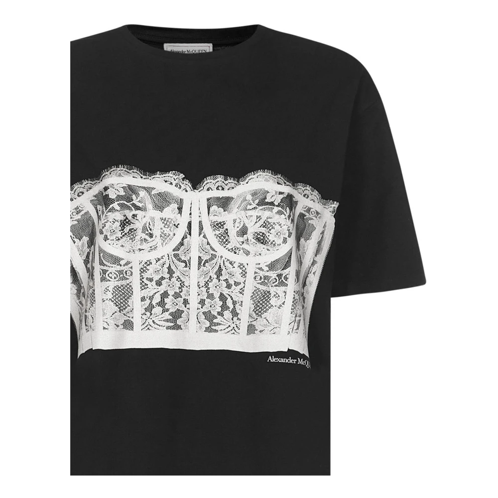 alexander mcqueen Zwart oversized T-shirt met kanten korsetprint Black Dames