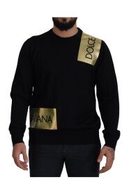 Black Wool Gold Logo Crewneck Pullover Sweater